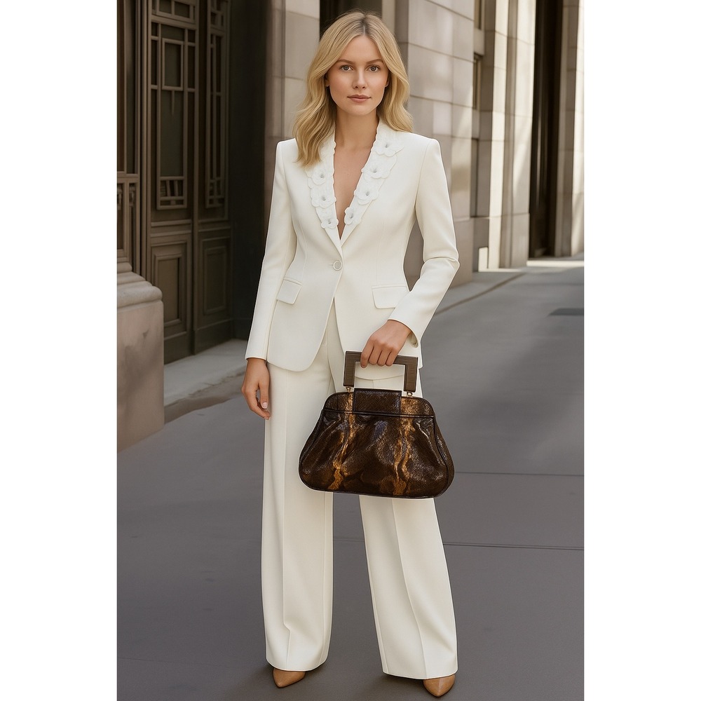 Zina Eva Snakeskin Embossed Patent Leather Top Handle Bag Wood Accents Dustbag